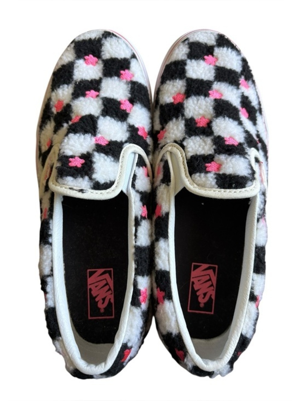 NWOB Vans Authentic Classic Slip On Pink Sherpa Floral Checkerboard Shoes size 7